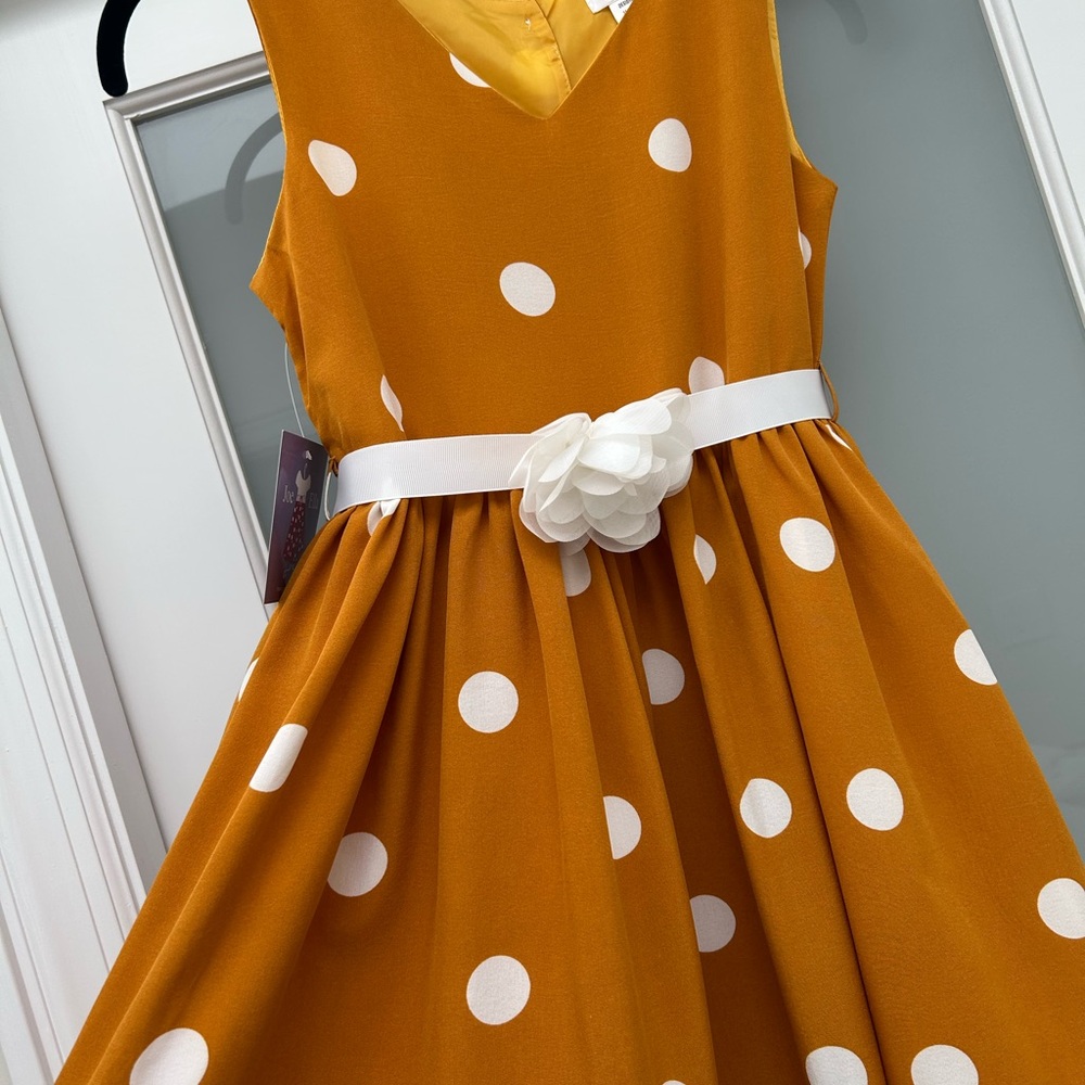 Joe-Ella Mustard Polka Dot Dress with White Flower Belt